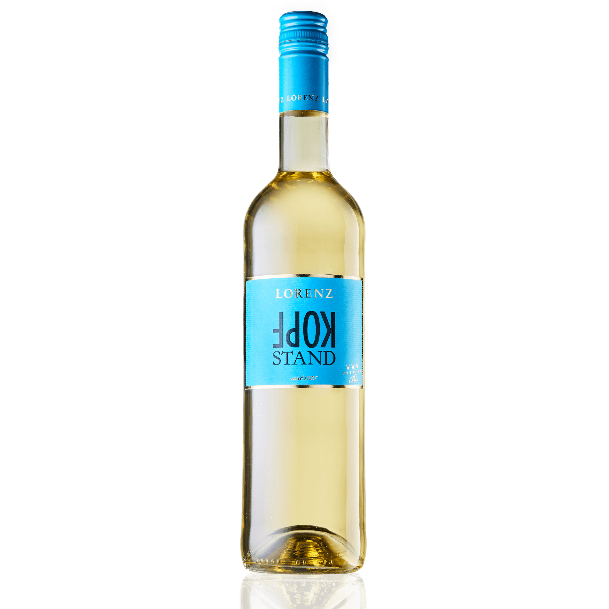 Bioweingut Lorenz Kopfstand feinherb Weißwein Bioland zertifiziert Flasche vor weißem Hintergrund