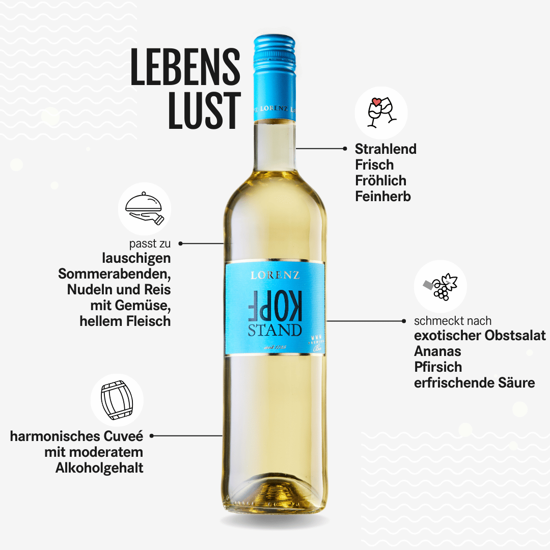 Bioweingut Lorenz Kopfstand feinherb Weißwein Bioland zertifiziert Flasche vor weißem Hintergrund