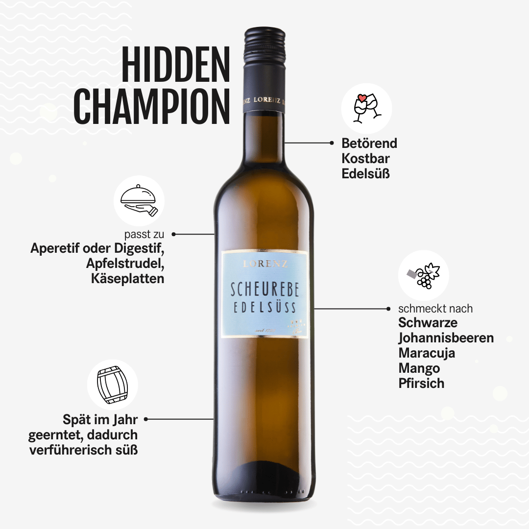 Bioweingut Lorenz Scheurebe edelsüß Süßwein Bioland zertifiziert Flasche vor weißem Hintergrund