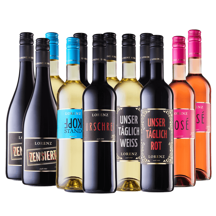 12 Flaschen des Bioweingut Lorenz Bestseller Pakets vor weißem Hintergrund