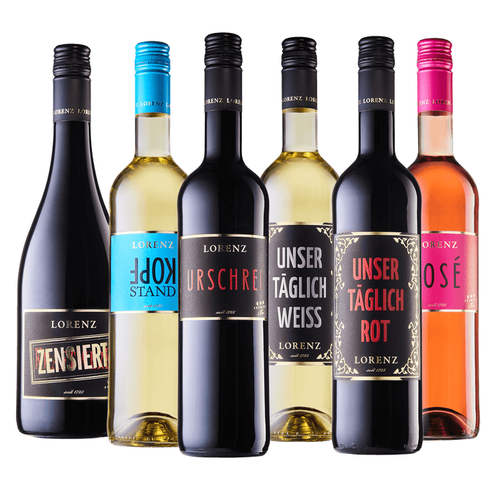 6 Flaschen des Bioweingut Lorenz Bestseller Pakets vor weißem Hintergrund