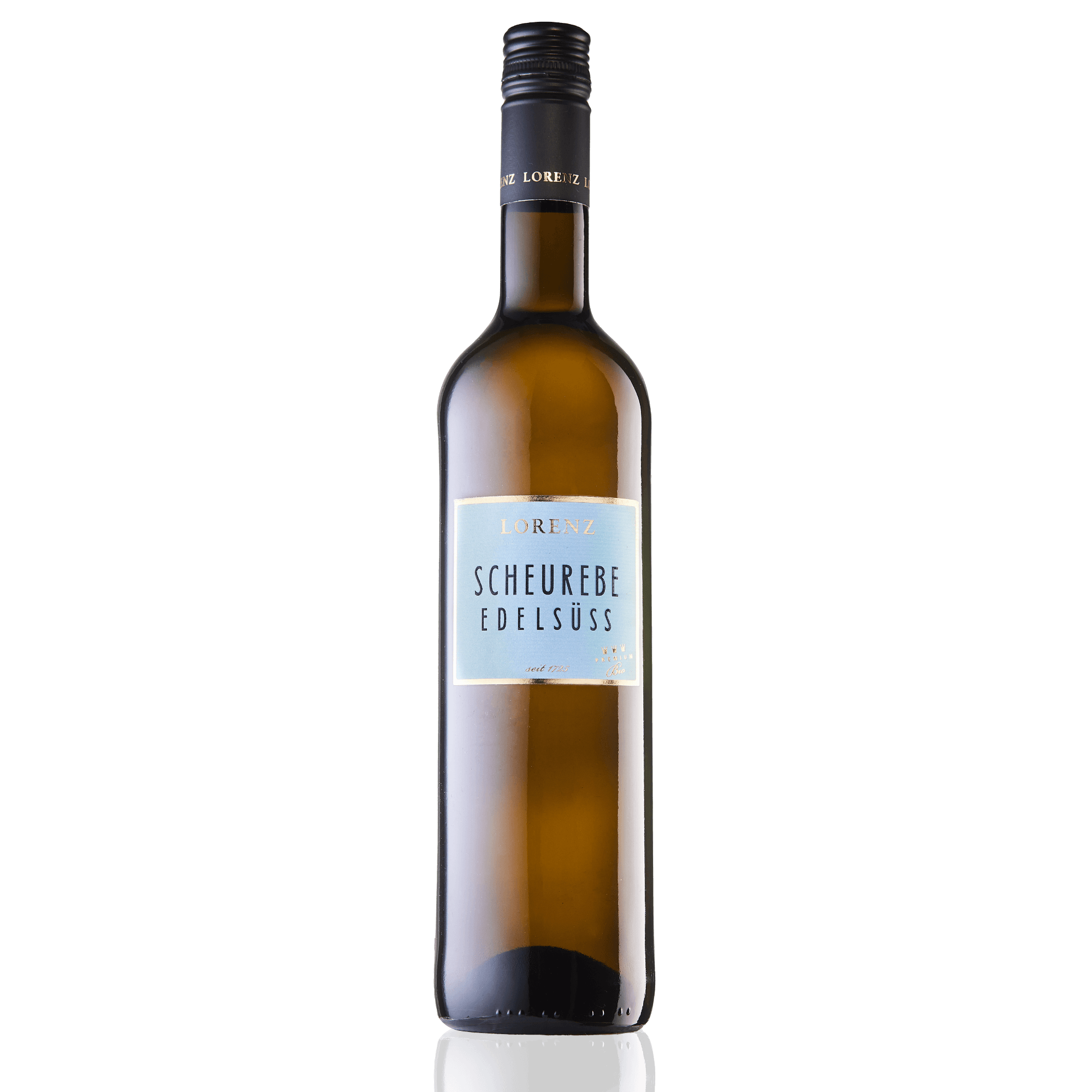 Bioweingut Lorenz Scheurebe edelsüß Süßwein Bioland zertifiziert Flasche vor weißem Hintergrund