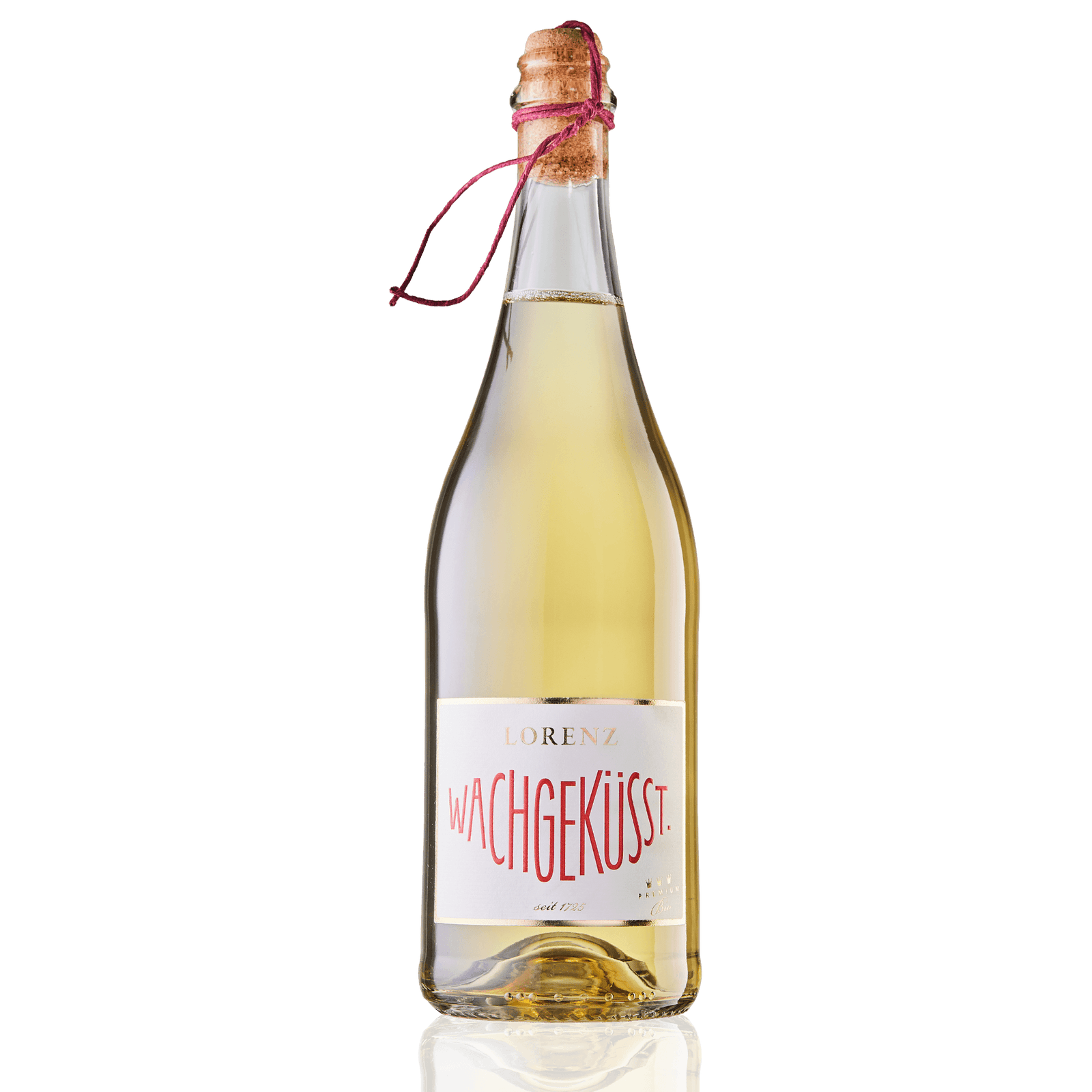 Bioweingut Lorenz Wachgeküsst Weiß Perlwein Bioland zertifiziert Flasche vor weißem Hintergrund