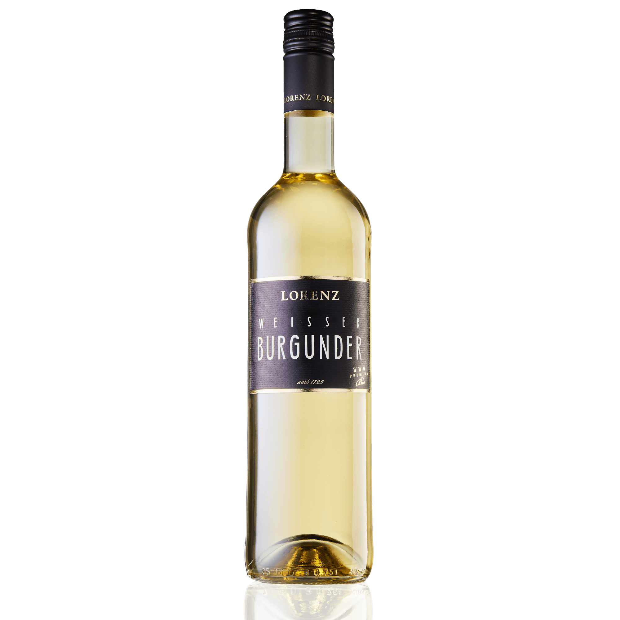 Bioweingut Lorenz Weisser Burgunder trocken Weißwein Bioland zertifiziert vor weißem Hintergrund